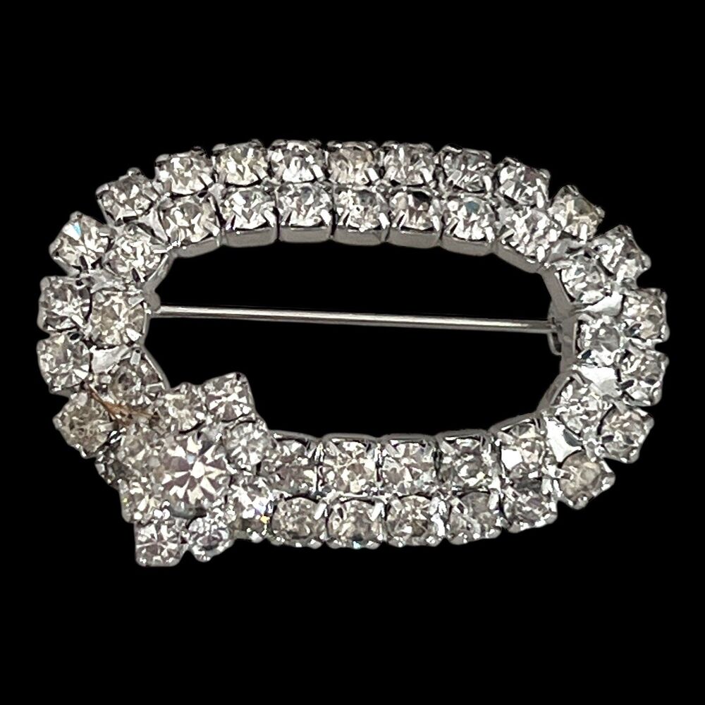 Vintage 1950s Rhinestone Buckle Brooch Crystal Silver Tone Pin Mid Century - 6D